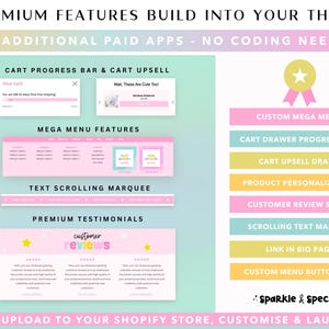 May include: A digital infographic showcasing website features including a cart progress bar, mega menu, scrolling marquee, and customer reviews. The layout uses a pastel color palette with pink, yellow, and teal accents, featuring the text Sparkle & speckle.