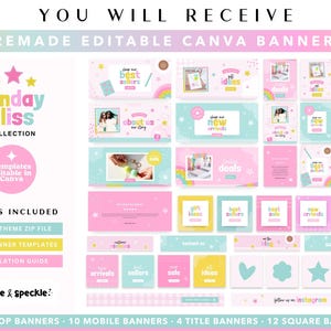 May include: A collection of premade editable Canva banners featuring the Sunday Bliss Collection branding. The set includes various rectangular, square, and title banners in pastel pink, blue, and yellow with star, heart, and rainbow graphics.