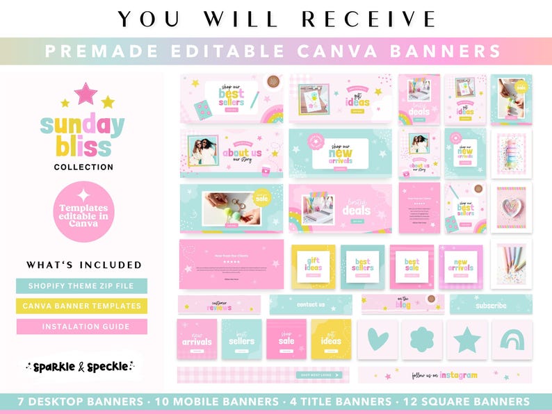 May include: A collection of premade editable Canva banners featuring the Sunday Bliss Collection branding. The set includes various rectangular, square, and title banners in pastel pink, blue, and yellow with star, heart, and rainbow graphics.