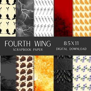 May include: A digital download of scrapbook paper featuring various designs. The designs include bats, lightning, swords, orange slices, cake slices, flames, dragon scales, and floral patterns. The text "FOURTH WING" and "8.5 x 11" are also visible.