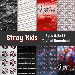 Peut inclure: Un téléchargement numérique avec huit motifs uniques. Les motifs comprennent un motif abstrait rouge et blanc, un motif de vagues noir et blanc et un fond texturé rouge. Le texte "Stray Kids" est visible à plusieurs endroits.