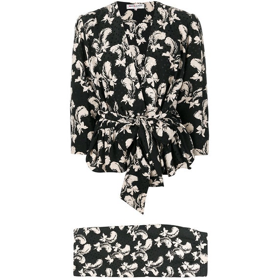 Yves Saint Laurent 70s feathers print skirt suit