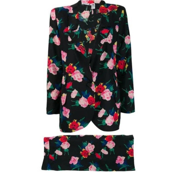Emanuel Ungaro 80s floral print black suit