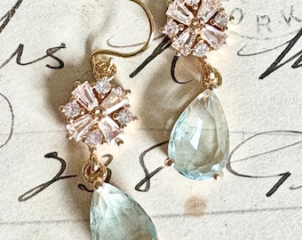 Aquamarine Blue Teardrop Earrings: Vintage Gold Crystal Wedding Jewellery Victorian Regeny Style