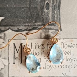 Aquamarine Teardrop Earrings: Vintage Style Gold Plated Crystal
