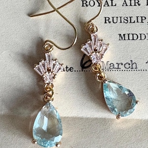 Aquamarine Teardrop Crystal Earrings: Vintage Art Deco Style