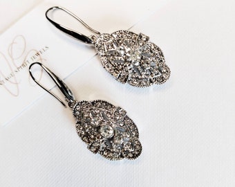 Art Deco Vintage Style Oval Silver Geometric Pave Crystal Drop Dangle Earrings