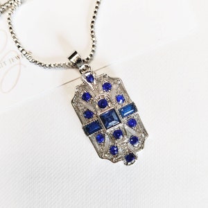 Art Deco Vintage 1920s  Style Sapphire Blue Geometric Pave Crystal Drop Necklace Great Gatsby Jewellery