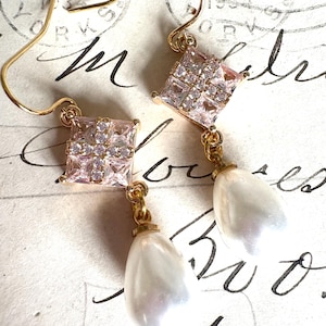 Gold Clear Crystal Pearl Drop Earrings,Vintage Style Earrings Regency, Victorian Wedding Earrings, Vintage Wedding Art Deco Style