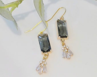 Grey Art Deco Style Clear Crystal Drop Earrings Topaz November Birthstone