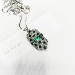 Art Deco Vintage 1920s  Style Emerald Green Geometric Pave Crystal Drop Necklace Great Gatsby Jewellery