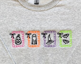 Sweet & Spooky Fall Sweatshirt – Embroidered Halloween Icons with Coquette Bow Details