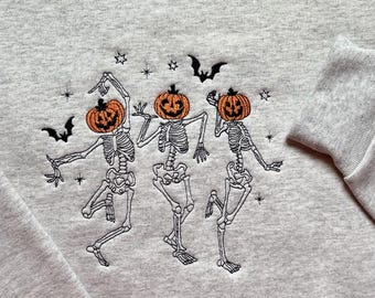 Pumpkin Skeleton Dance Crewneck – Halloween Embroidered Sweatshirt