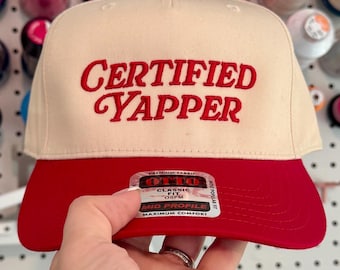 Certified Yapper Embroidered Trucker Hat – Retro Red & Cream Snapback | 3D Puff