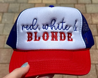 Red White & Blonde Trucker Hat: Embroidered Patriotic USA Cap