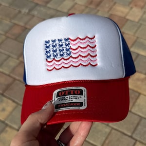 Scalloped Bow Flag Trucker Hat, Patriotic Embroidered Hat, Independence Day, 4th Of July