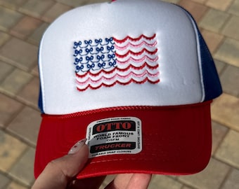 Scalloped Bow Flag Trucker Hat, Patriotic Embroidered Hat, Independence Day, 4th Of July