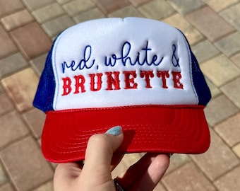 Red White & Brunette Trucker Hat: Embroidered Patriotic USA Cap