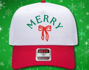 Merry Christmas Trucker Hat – Red Bow Holiday Baseball Cap