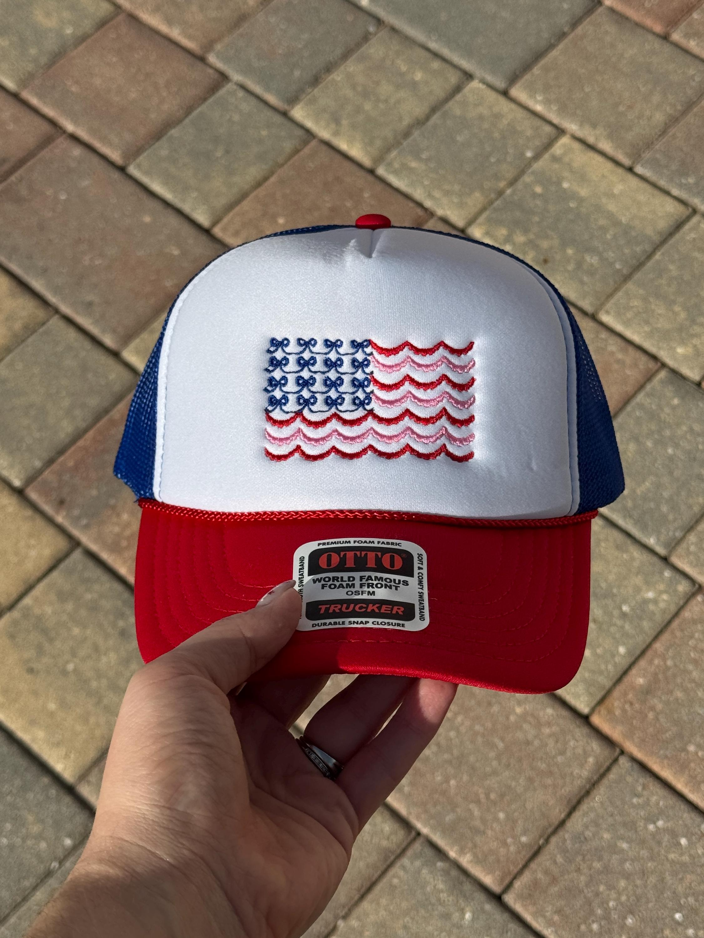 Scalloped Bow Flag Trucker Hat, Patriotic Embroidered Hat 