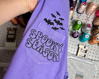 Spooky Season Pocket Tee | Bats, Embroidered Halloween Shirt