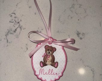 Personalized Teddy Bear Christmas Ornament – Embroidered Baby Keepsake
