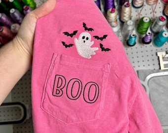 BOO Ghost + Bats Pocket Tee | Embroidered Halloween Shirt