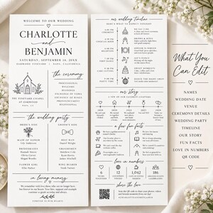 Modello di programma di matrimonio infografico, programma di matrimonio fronte-retro 4x9, cronologia della cerimonia modificabile su Canva, programma stampabile moderno