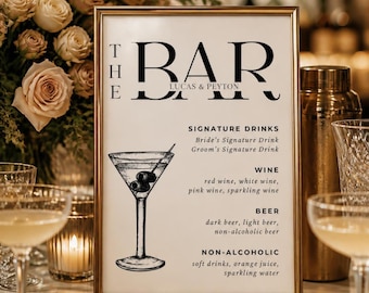 Wedding Bar Sign Template, Editable Canva Wedding Drink Menu, Open Bar Sign, Retro Cocktail Menu, Printable Reception Bar Sign
