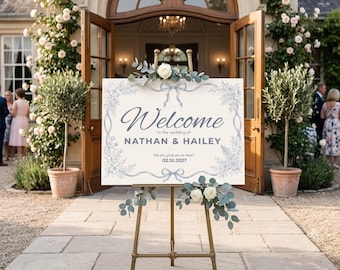 Wedding Welcome Sign Template, Editable Canva Wedding Sign, Blue Floral Wedding Welcome Sign, Printable Reception Sign