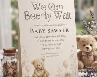 Teddy Bear Baby Shower Invitation, We Can Bearly Wait Invite, Gender Neutral Baby Shower, Editable Canva Beige Bear Invitation