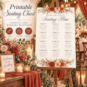 May include: A printable wedding seating chart sign featuring a white background with rust-colored floral accents at the top and bottom. The text reads Please Find Your Seat Seating Plan, followed by a list of twelve tables with names printed in dark brown.