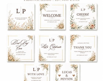 Wedding Favor Tag Template Bundle, 8 Editable Canva Thank You Tags, Floral Wedding Favor Tags, Printable Wedding Gift Tags