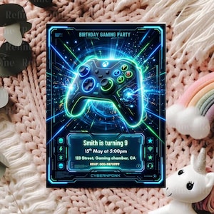 May include: A birthday party invitation with a gaming theme, featuring a neon green and blue controller graphic. The invitation includes the text "BIRTHDAY GAMING PARTY" and "Smith is turning 9". The invitation is black and blue.