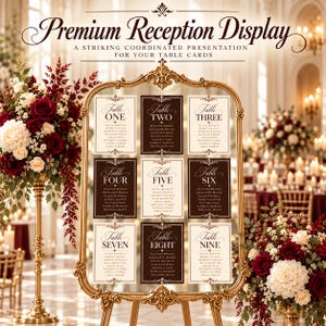 May include: A gold ornate frame holding nine table cards arranged in a grid. The cards alternate between dark brown and cream backgrounds with white and brown text. The text reads Premium Reception Display and Table One through Nine.