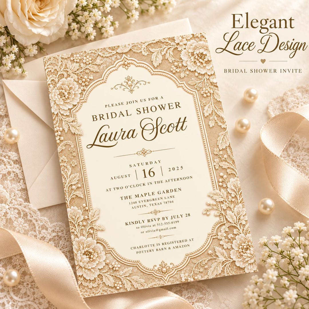 Elegant Lace Bridal Shower Invitation Template, Vintage Romantic ...