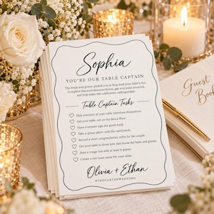 May include: A white rectangular card with black text and a scalloped border. The card is titled Sophia, You're Our Table Captain, followed by a list of tasks with heart icons, and concludes with the names Olivia + Ethan and #THECARTERWEDDING.