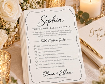 Puede incluir: Una tarjeta rectangular blanca con texto negro y un borde festoneado. La tarjeta se titula Sophia, You're Our Table Captain, seguida de una lista de tareas con iconos de corazón, y termina con los nombres Olivia + Ethan y #THECARTERWEDDING.