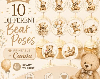 Teddy Bear Baby Shower Cake Toppers, 10 Bear Cupcake Toppers, We Can Bearly Wait Party Decor, Printable Canva Template