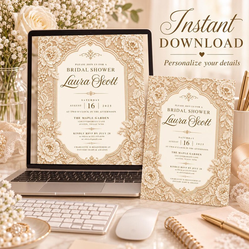 Elegant Lace Bridal Shower Invitation Template, Vintage Romantic ...