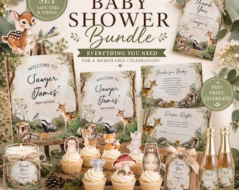 Woodland Baby Shower Bundle, 7 Editable Canva Templates, Forest Animal Invitation, Welcome Sign, Favor Tags, Diaper Raffle & Mor