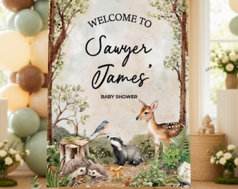 Woodland Baby Shower Welcome Sign, Editable Canva Forest Animal Sign, Gender Neutral Baby Shower Decor, Printable Woodland Sign