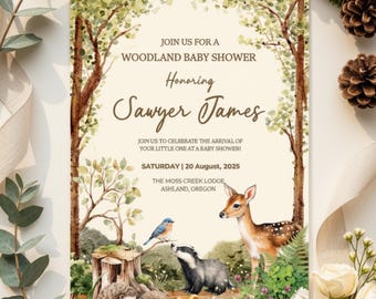 Woodland Baby Shower Invitation, Editable Canva Forest Animal Invite, Gender Neutral Baby Shower Template, Printable Woodland Invitation