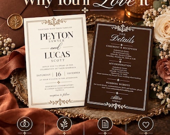 May include: A wedding invitation set featuring a cream-colored card with dark brown text and a matching dark brown card with cream text. Both cards display ornate borders, formal typography, and details for a ceremony, reception, and accommodation.