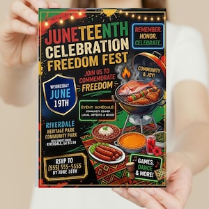 May include: A Juneteenth Celebration Freedom Fest flyer featuring text in red, yellow, and green. It displays a charcoal grill with grilled fish and skewers, a bowl of beans, sausages, a pie, a drink, and a drum, with event details and location.