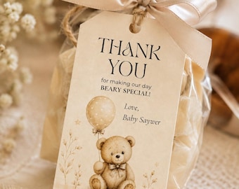 Baby Shower Favor Tag Template, Teddy Bear Thank You Tag, We Can Bearly Wait Favor, Editable Canva Gender Neutral Baby Shower