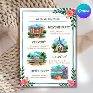 Modelo de itinerário de casamento editável, cronograma do fim de semana do casamento, cartão com o cronograma do casamento no destino escolhido, detalhes do casamento para imprimir