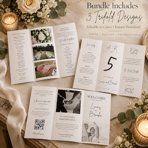 Peut inclure: Trois modèles de programmes de mariage à trois volets en papier blanc, avec typographie noire à empattement et manuscrite, et emplacements photo. Le texte inclut Bundle Includes 3 Trifold Designs, Editable in Canva, Instant Download, Simple, Elegant, Unforgettable.