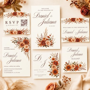 Puede incluir: Un conjunto de papelería de boda con tarjetas de color crema, texto marrón oscuro e ilustraciones florales en tonos óxido, naranja y beige. El set incluye una tarjeta RSVP con código QR, un cartel de bienvenida y varias invitaciones.