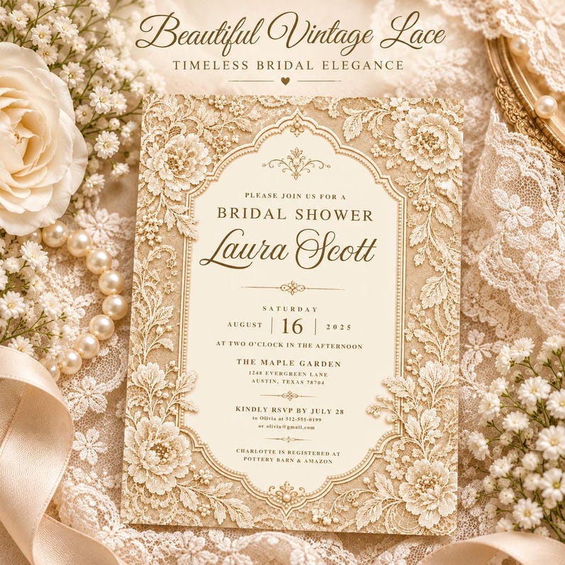 Elegant Lace Bridal Shower Invitation Template, Vintage Romantic ...